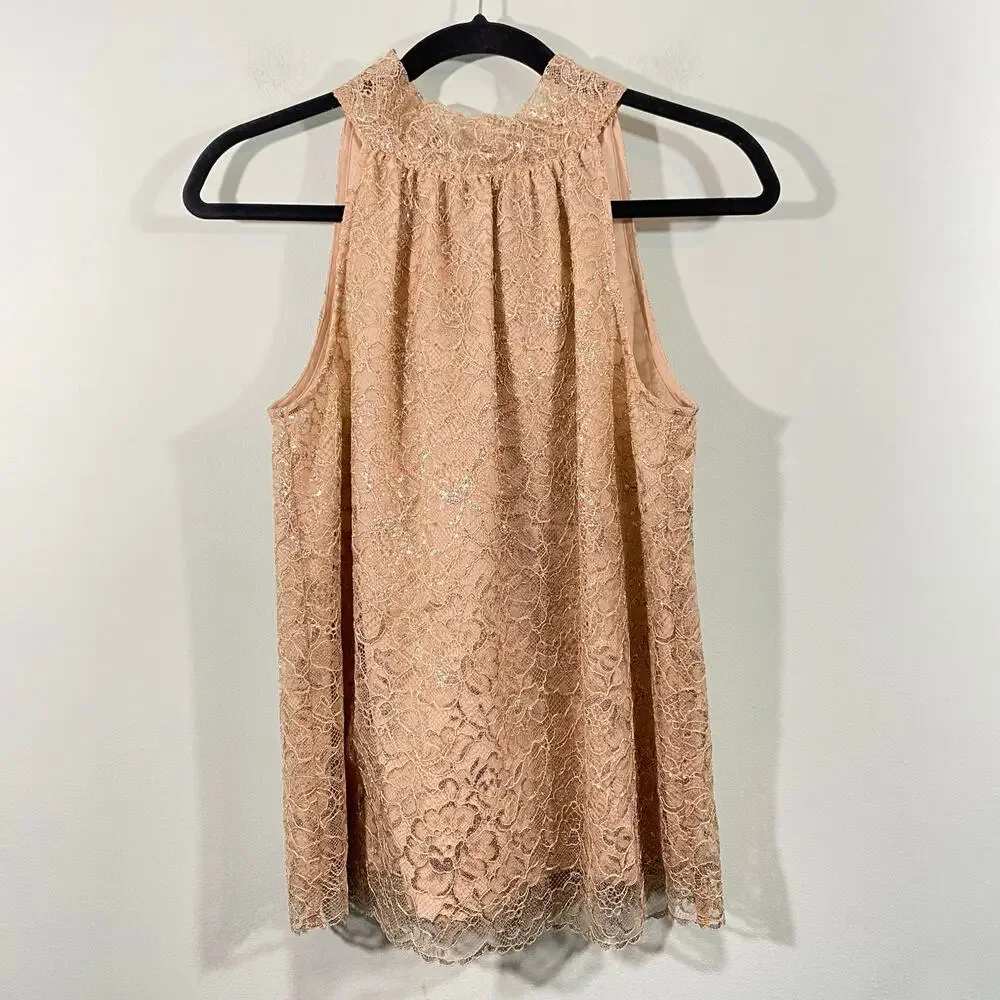 J Crew Women's Beige Metallic Lace Tie Neck Sleeveless Blouse Size S #AG852